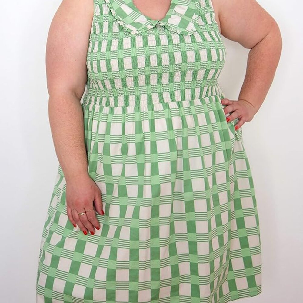 The Drop - NWT Plus Size Green Check Peter Pan Collar Smocked Dress